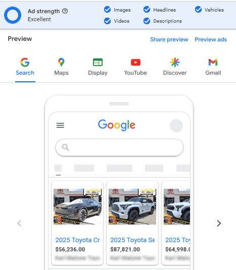 Performance Max Campaign featuring Vehicle Listing Ads